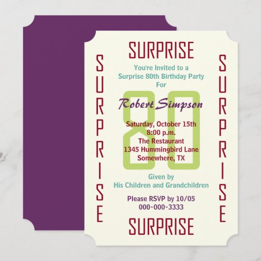 Verrassing 80ste Verjaardagsfeestticket 80 Kaart (Voorkant / Achterkant)