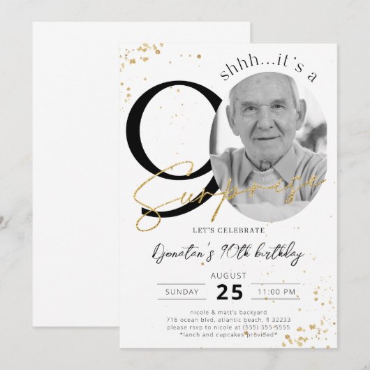 Verrassing 90e verjaardag gouden foto uitnodiging (Voorkant / Achterkant)
