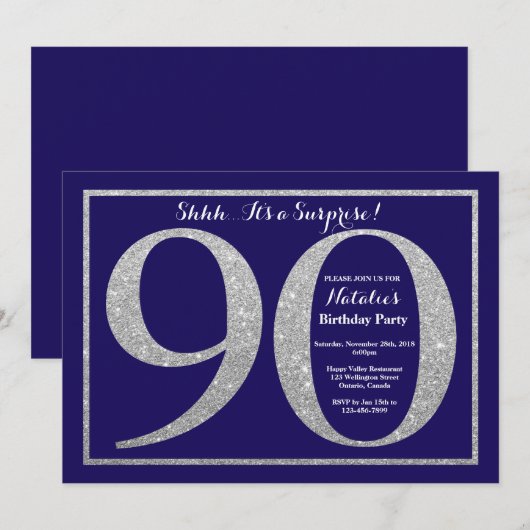 Verrassing 90e verjaardag Navy Blue Silver Glitter Kaart (Voorkant / Achterkant)