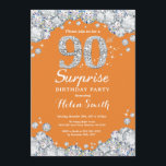 Verrassing 90e verjaardag Sinaasappel en zilveren  Kaart<br><div class="desc">Verrassing 90e verjaardag uitnodiging. Sinaasappel en Zilveren Rhinestone Diamanten Rode Achtergrond. Elegante verjaardag Bash uitnodiging. Verjaardag voor volwassenen. Verjaardag vrouwen. Mannen verjaardag. Voor verdere aanpassing klikt u op de knop "Aanpassen" en gebruikt u onze ontwerptool om deze sjabloon te wijzigen.</div>