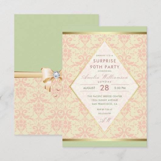 Verrassing 90ste verjaardag | Damask Diamond Bow Kaart (Voorkant / Achterkant)