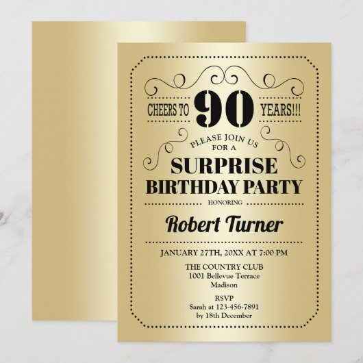 Verrassing 90ste verjaardag - Goud Zwart Kaart (Voorkant / Achterkant)
