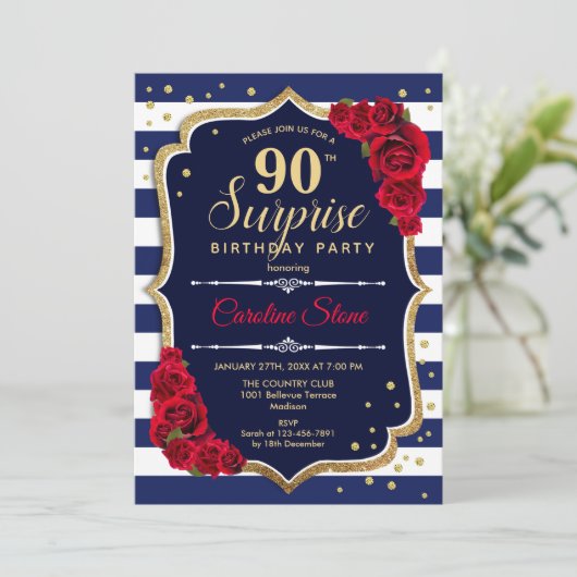 Verrassing 90ste verjaardag - Navy Wit Rood Kaart (Staand voorkant)