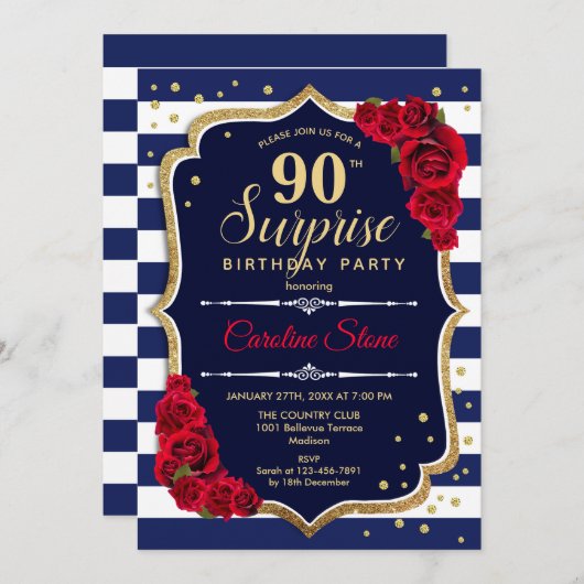 Verrassing 90ste verjaardag - Navy Wit Rood Kaart (Voorkant / Achterkant)