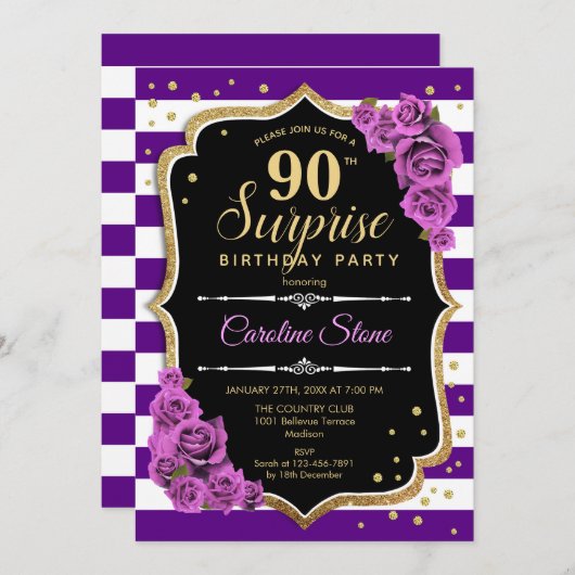 Verrassing 90ste Verjaardag - Paarse Goud Kaart (Voorkant / Achterkant)