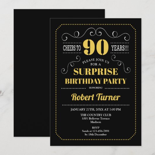 Verrassing 90ste verjaardag - Zwart Goud Kaart (Voorkant / Achterkant)