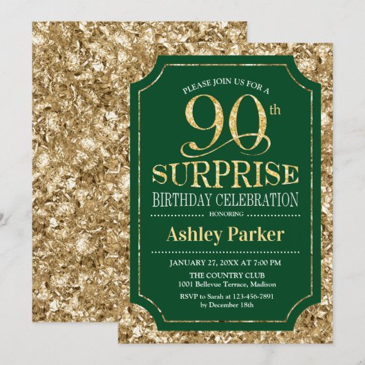 Verrassing 90ste Verjaardagsfeest - Goud Groen Kaart (Voorkant / Achterkant)