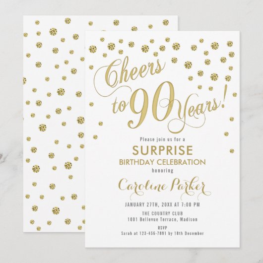 Verrassing 90ste Verjaardagsfeest - Goud Wit Kaart (Voorkant / Achterkant)