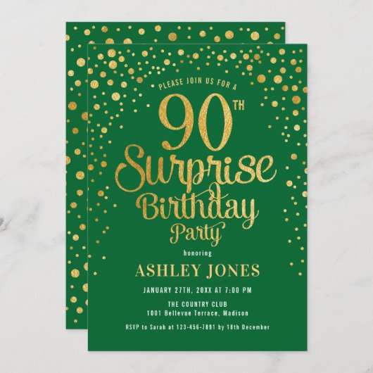 Verrassing 90ste Verjaardagsfeest - Groen & Goud Kaart (Voorkant / Achterkant)