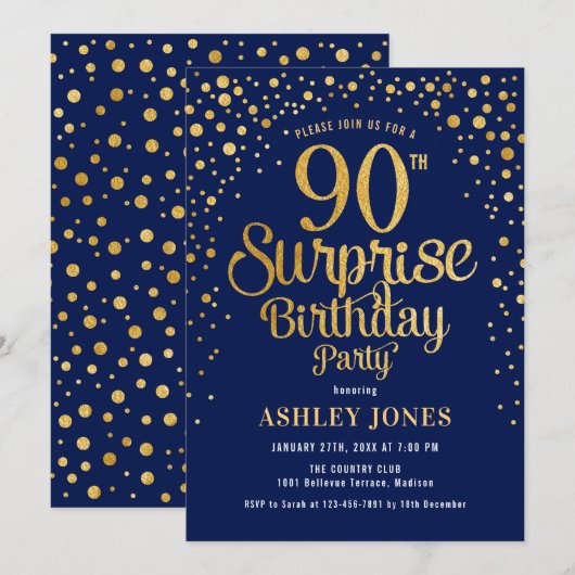 Verrassing 90ste Verjaardagsfeest - Marine & Goud Kaart (Voorkant / Achterkant)