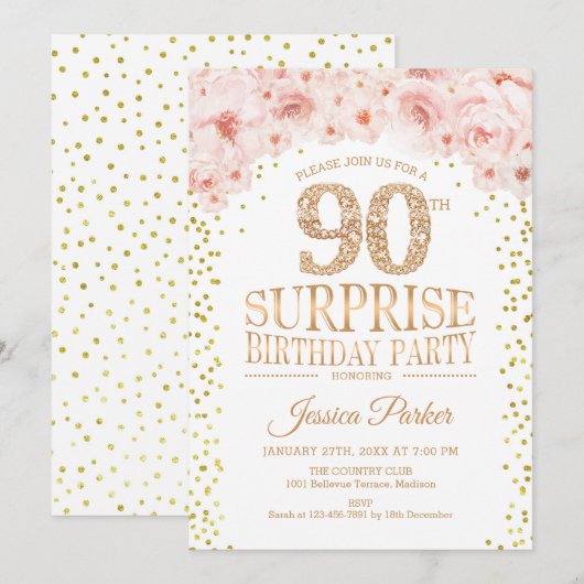 Verrassing 90ste Verjaardagsfeest - Wit Goud Roze Kaart (Voorkant / Achterkant)