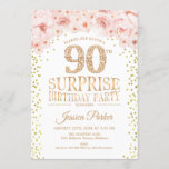 Verrassing 90ste Verjaardagsfeest - Wit Goud Roze Kaart<br><div class="desc">Verrassing 90ste verjaardag feestuitnodiging. Elegant design in faux glitter goud,  wit en roze. Beschikt over confetti,  script lettertype en waterverf blush roze bloemen. Stuur me een bericht als je verder moet worden aangepast.</div>