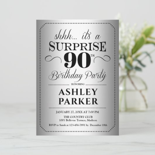 Verrassing 90ste Verjaardagsfeest - Zilver Kaart (Staand voorkant)