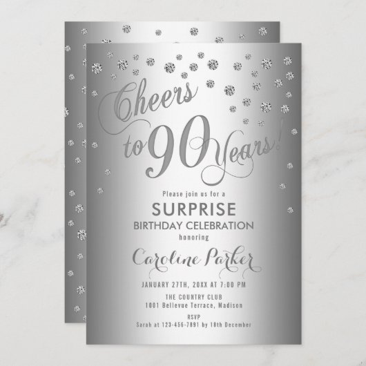 Verrassing 90ste Verjaardagsfeest - Zilver Kaart (Voorkant / Achterkant)