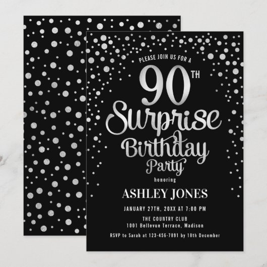 Verrassing 90ste Verjaardagsfeest - Zilver & Zwart Kaart (Voorkant / Achterkant)