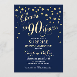 Verrassing 90ste verjaardagsfeestje - Gold Navy Kaart