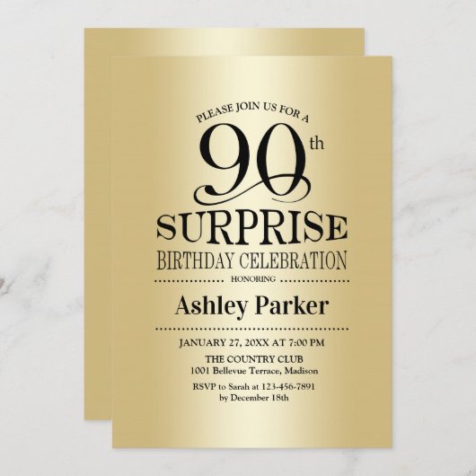 Verrassing 90ste verjaardagsfeestje - Goud Kaart (Voorkant / Achterkant)