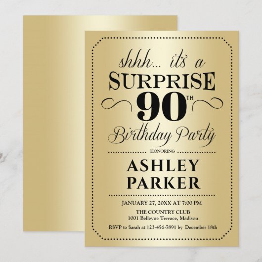 Verrassing 90ste verjaardagsfeestje - Goud Kaart (Voorkant / Achterkant)
