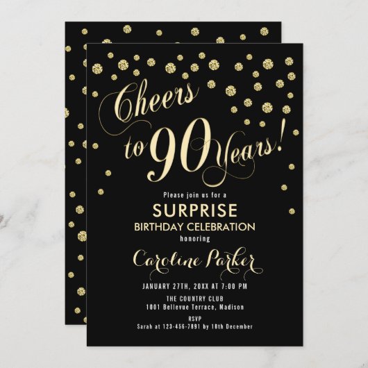Verrassing 90ste verjaardagsfeestje - Goud Zwart Kaart (Voorkant / Achterkant)