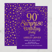 Verrassing 90ste Verjaardagsfeestje - Paarse & Gou Kaart (Voorkant / Achterkant)