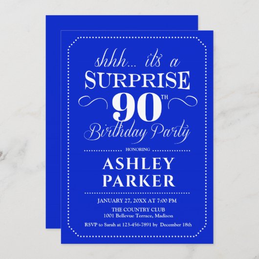 Verrassing 90ste verjaardagsfeestje - Royal Blue W Kaart (Voorkant / Achterkant)