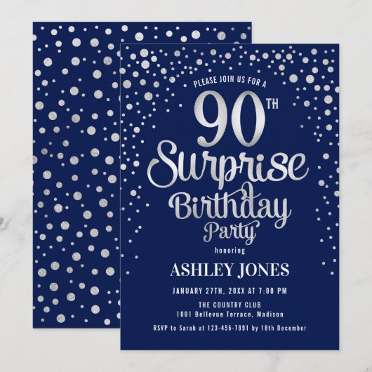 Verrassing 90ste Verjaardagsfeestje - Zilver & Mar Kaart (Voorkant / Achterkant)