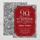 Verrassing 90ste verjaardagsfeestje - zilver rood kaart (Voorkant / Achterkant)