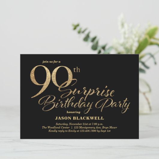 Verrassing 90ste Verjaardagsfeestje Zwart & Goud Kaart (Staand voorkant)