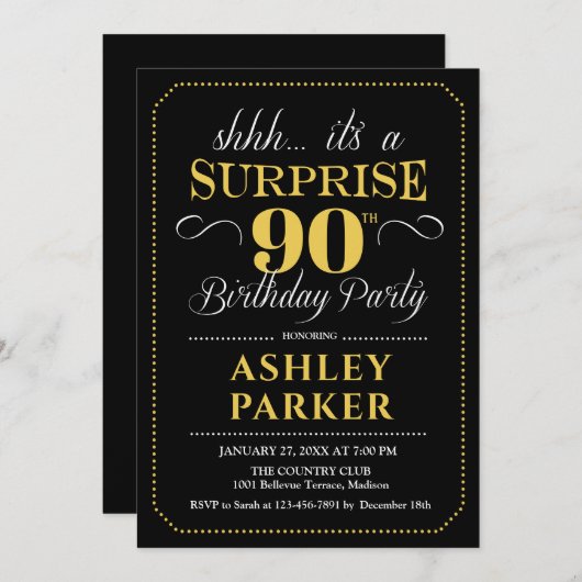 Verrassing 90ste verjaardagsfeestje - Zwart Goud Kaart (Voorkant / Achterkant)