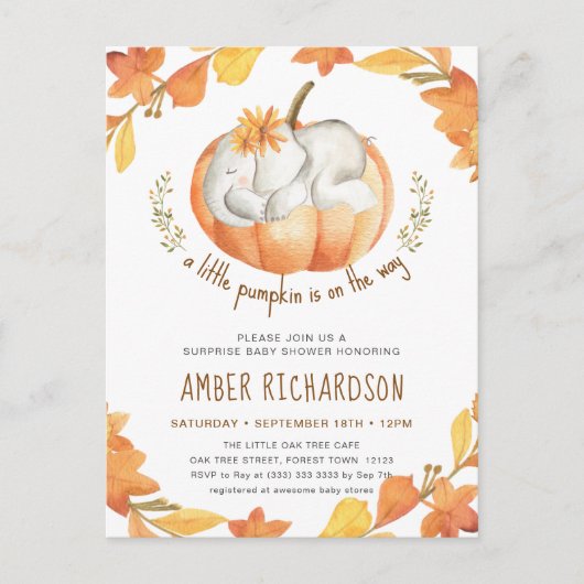 Verrassing Baby shower Olifant Meisje Herfst Pompo Uitnodiging Briefkaart (Voorkant)