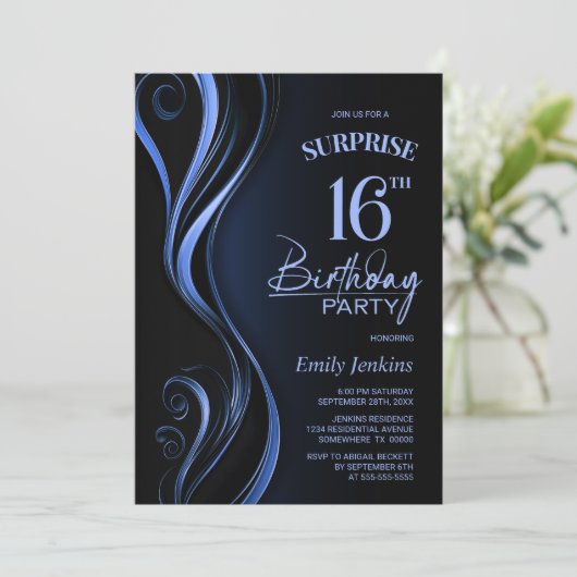 Verrassing Black Blue 16e verjaardagsfeest Kaart (Staand voorkant)