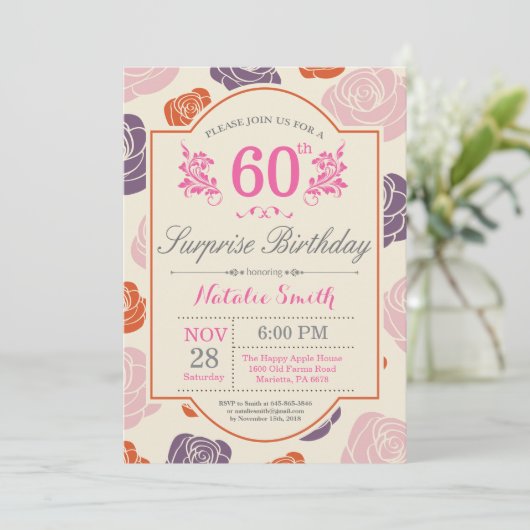 Verrassing Bloemen 60e verjaardag Uitnodiging Roze (Staand voorkant)