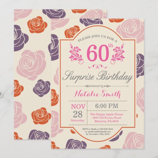 Verrassing Bloemen 60e verjaardag Uitnodiging Roze (Voorkant / Achterkant)