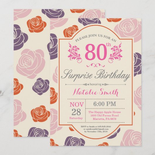 Verrassing Bloemen 80e verjaardag Uitnodiging Roze (Voorkant / Achterkant)
