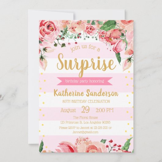 Verrassing Bloemen Blush Roze Strepen Verjaardagsf Kaart (Voorkant)