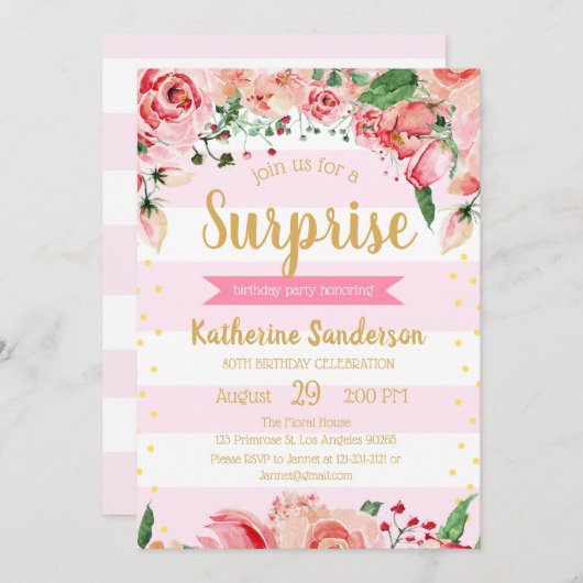 Verrassing Bloemen Blush Roze Strepen Verjaardagsf Kaart (Voorkant / Achterkant)
