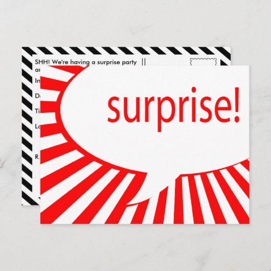 verrassing! feestje : praatbellenspel uitnodiging briefkaart (Voorkant / Achterkant)