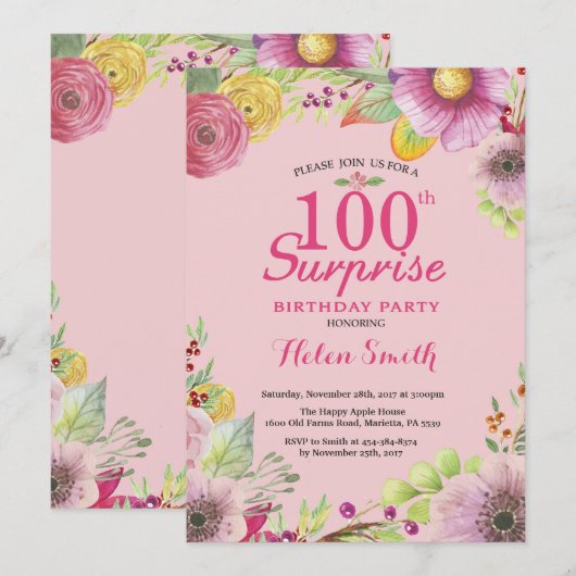 Verrassing Floral 100e verjaardag uitnodiging vrou (Voorkant / Achterkant)
