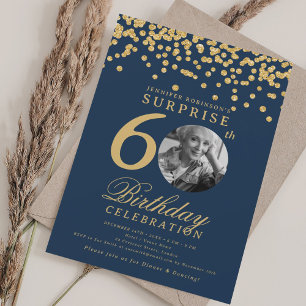 Verrassing Foto 60 Verjaardag Goud Confetti Navy B Kaart