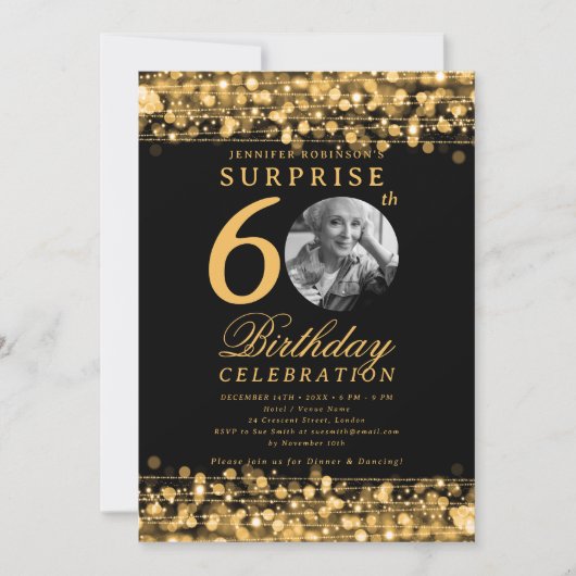 Verrassing Foto 60e Verjaardag Party Gold Lights Kaart (Voorkant)