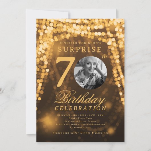 Verrassing Foto 70e Verjaardag Gold Glam Lights Kaart (Voorkant)
