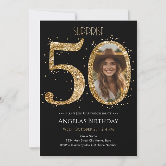 Verrassing Gouden Glitter 50e Verjaardag Foto Kaart (Voorkant)