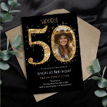 Verrassing Gouden Glitter 50e Verjaardag Foto Kaart<br><div class="desc">50e Verjaardag Gouden Glitter Fotofeest sjabloon. Verkrijgbaar als digitale download printable. Aangepaste,  gepersonaliseerde,  bewerkbare download</div>