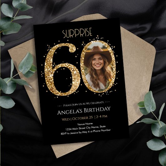 Verrassing Gouden Glitter 60e Verjaardag Foto Kaart