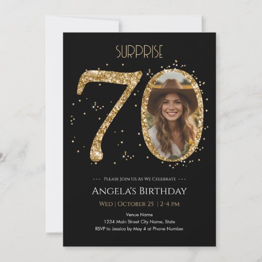 Verrassing Gouden Glitter 70e Verjaardag Foto Kaart (Voorkant)