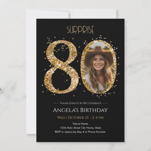 Verrassing Gouden Glitter 80e Verjaardag Foto Kaart (Voorkant)