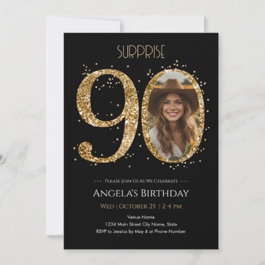 Verrassing Gouden Glitter 90e Verjaardag Foto Kaart (Voorkant)