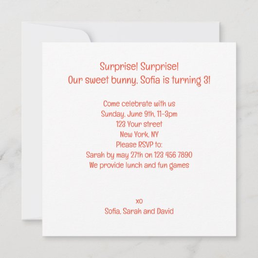 Verrassing! Onze lieve konijnenverjaardag, haas ve Kaart (Achterkant)