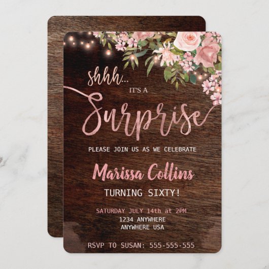 Verrassing Party uitnodiging, florale string licht Kaart (Voorkant / Achterkant)