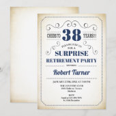 Verrassing Pensioen Party - Navy Blauw Wit Kaart (Voorkant / Achterkant)